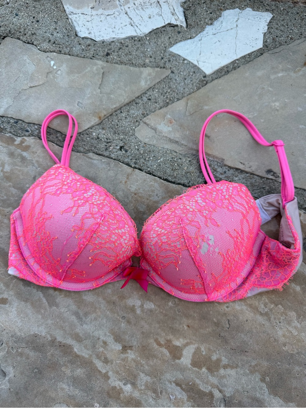 Neon Pink Lace Push-Up Bra 34b